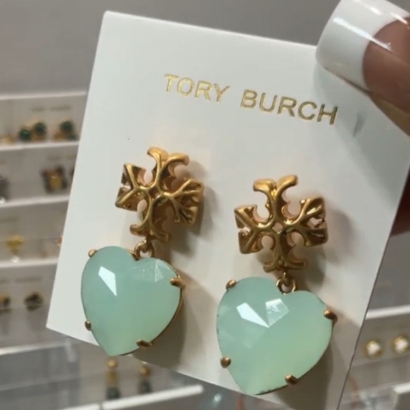NWT Tory Burch Gold and Light Green stone Heart Earrings - Picture 2 of 2